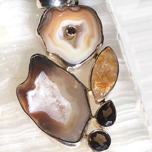 Agate, Rutilated & Smokey Quartz .925 Pendant Jumbo Tan Brown White Silver